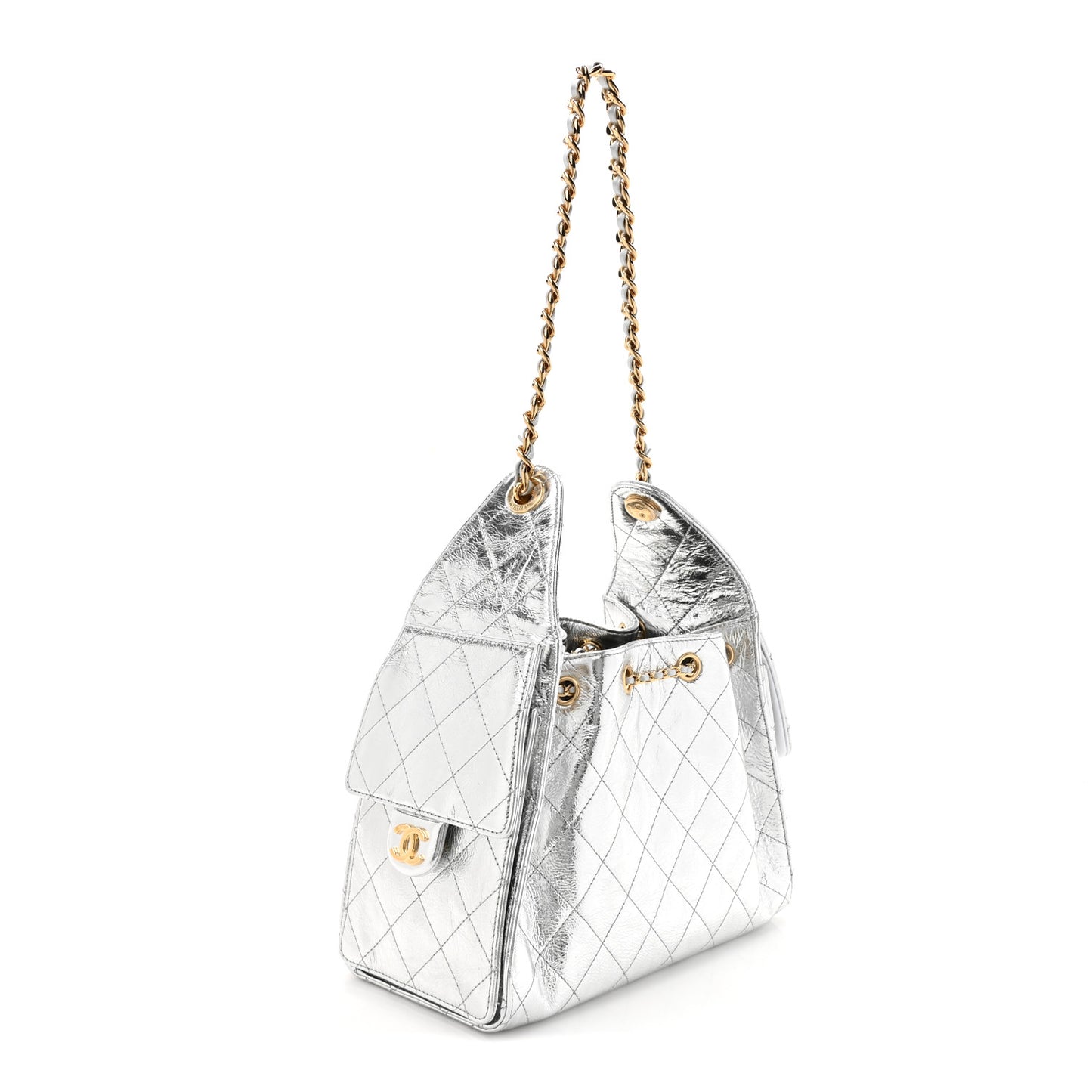 Metallic Crumpled Calfskin Quilted Small Chanel 25 Handbag Silvery
