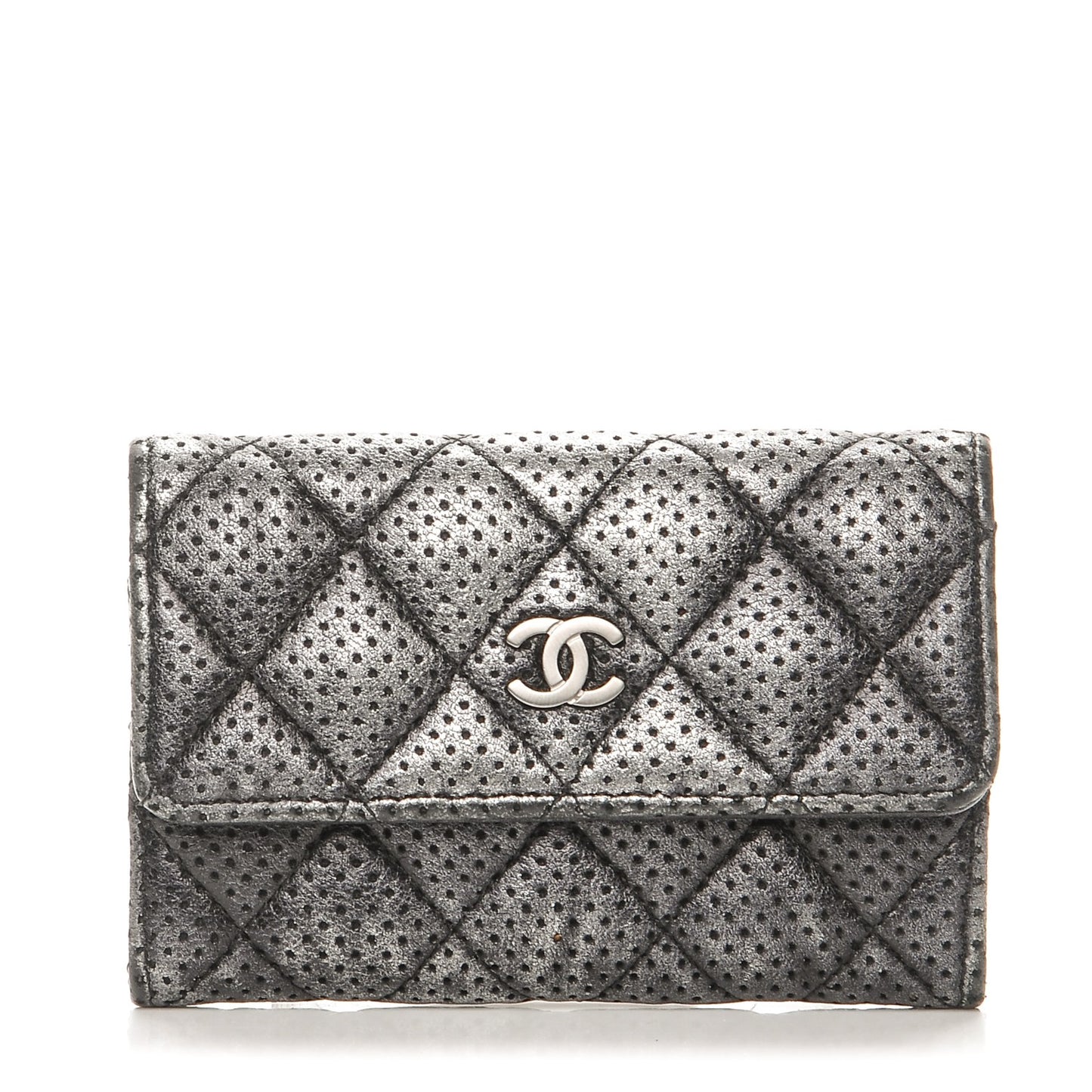 Metallic Calfskin Perforated Quilted Card Holder Grey