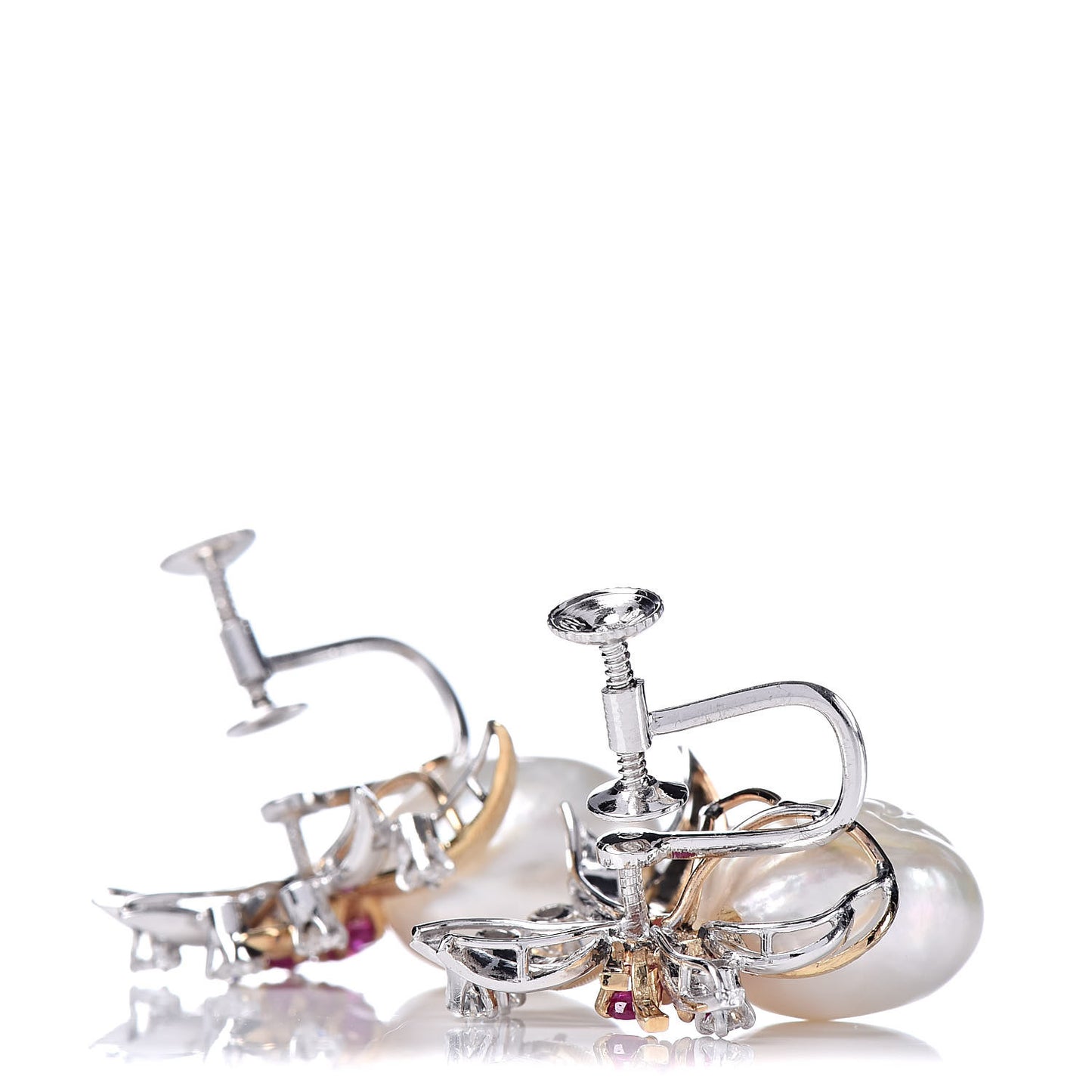 18K Yellow Gold 14K White Gold Diamond Ruby Baroque Pearl Screw Back Earrings