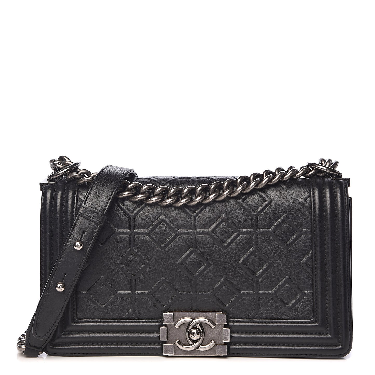 Calfskin Crystal Embossed Medium Boy Flap Black