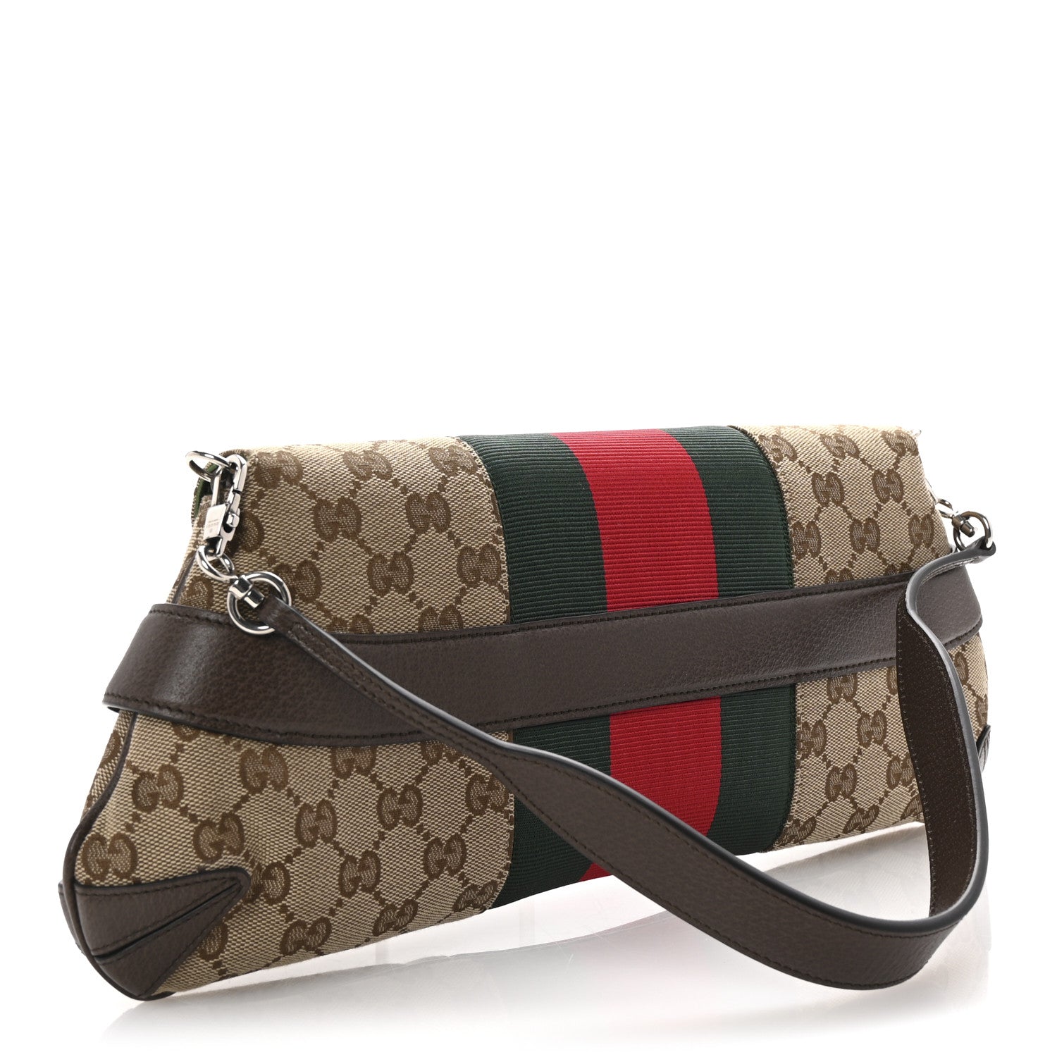 Gucci Monogram Textured Dollar Calfskin Heavy Grosgrain Web Medium Maxi Horsebit Chain Shoulder Bag Beige Ebony New Acero 3 of 10