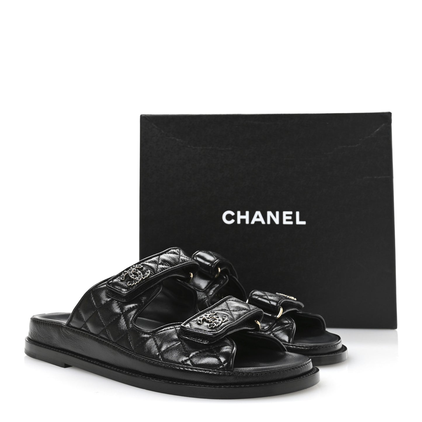 Lambskin Quilted Velcro Dad Chain CC Slide Sandals 39 Black