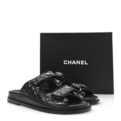 Chanel Lambskin Quilted Velcro Dad Chain CC Slide Sandals 39 Black 9 of 10