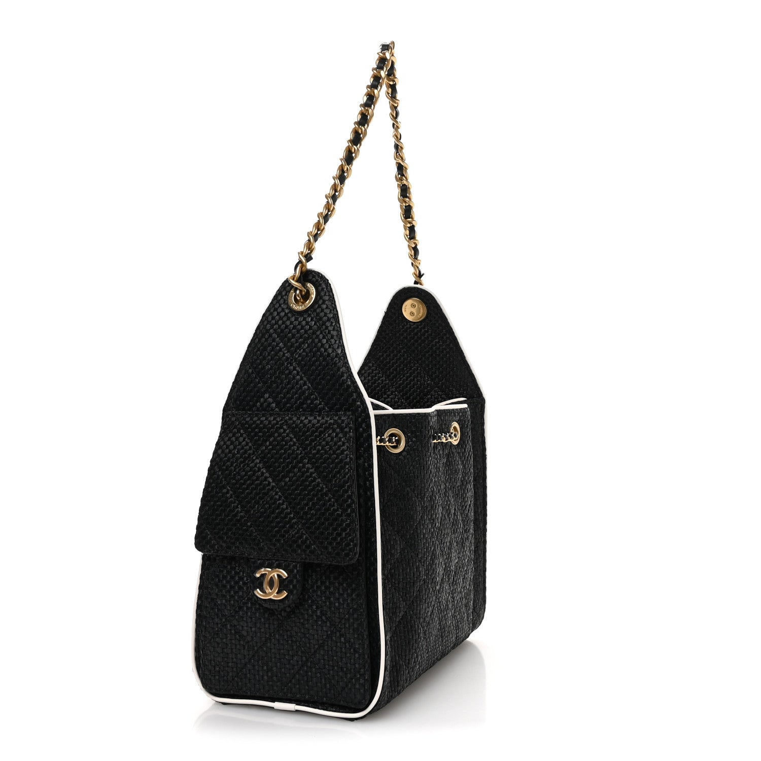 Chanel Braided Raffia Calfskin Small Chanel 25 Handbag Black White 3 of 11
