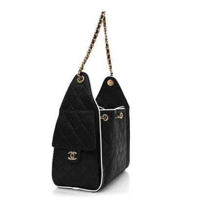Chanel Braided Raffia Calfskin Small Chanel 25 Handbag Black White 3 of 11