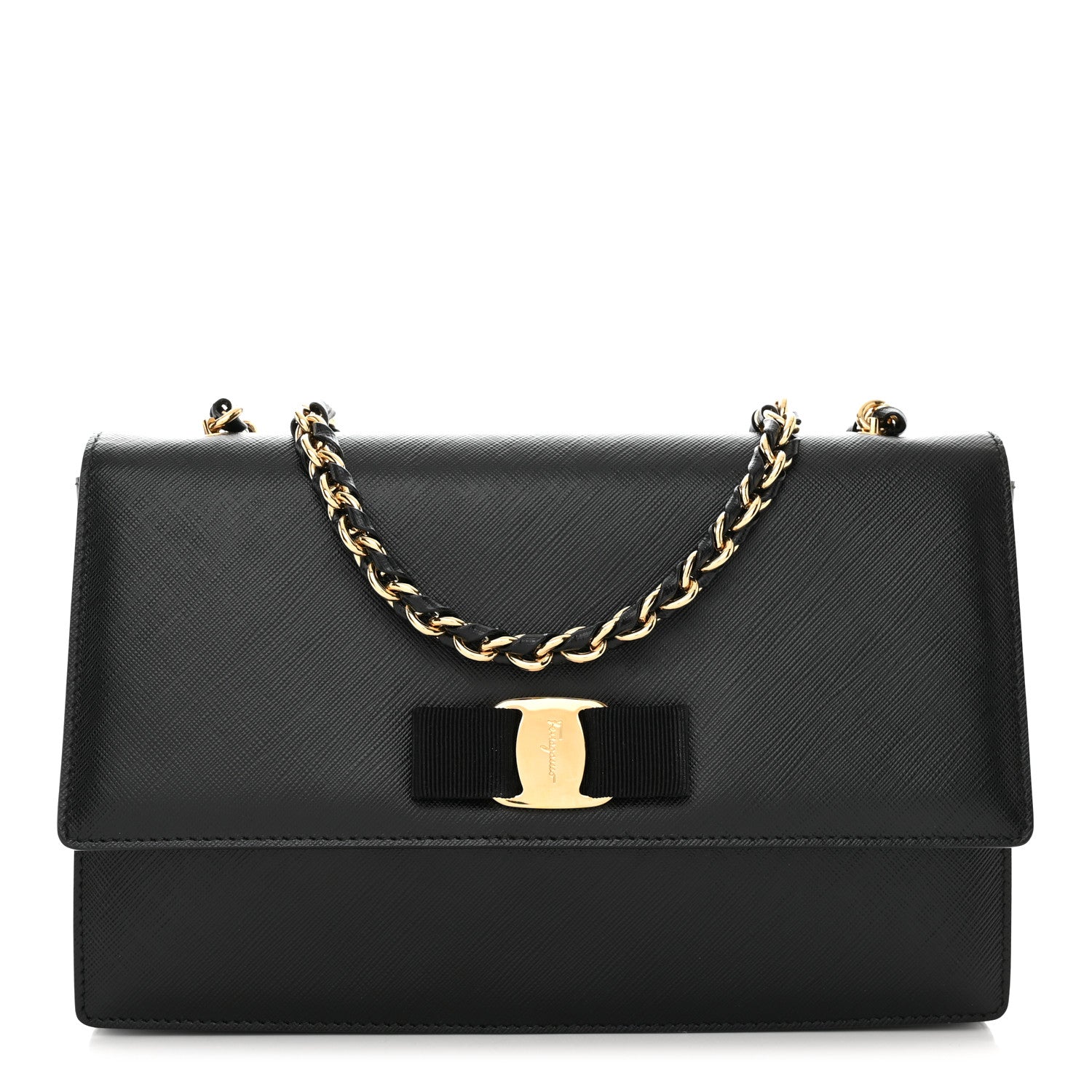 Salvatore Ferragamo Printed Calfskin Vara Bow Chain Flap Crossbody Black 1 of 9