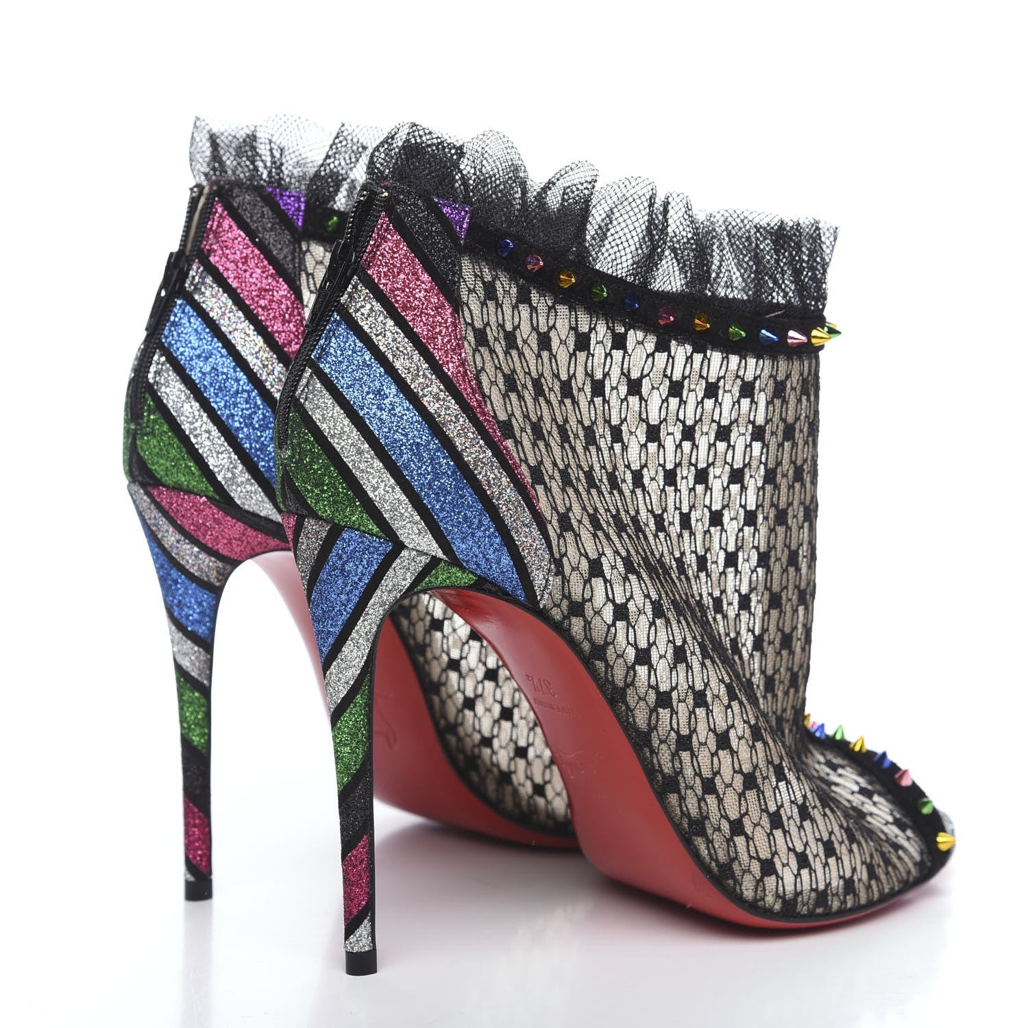 Christian Louboutin Rete Stripy Glitter Spike Juliettra 100 Ankle Peep Toe Boots 37.5 Black Multicolor 4 of 8