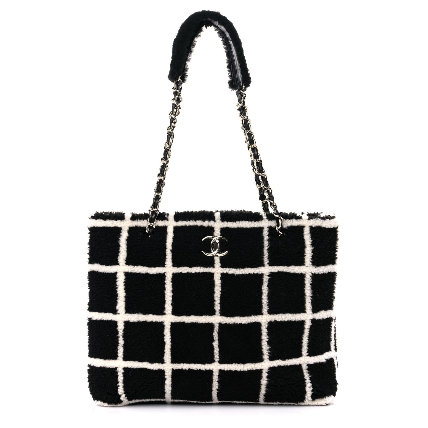 Shearling Lambskin Fluffy Tartan Shopping Bag Black White