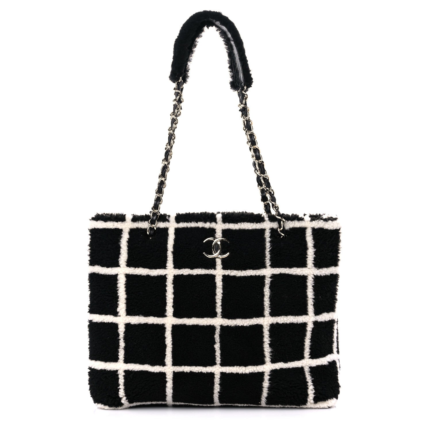 Chanel Shearling Lambskin Fluffy Tartan Shopping Bag Black White 1 of 12