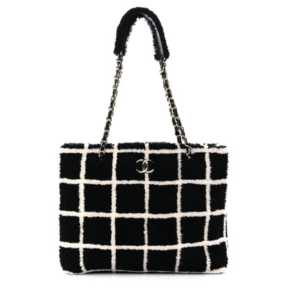 Chanel Shearling Lambskin Fluffy Tartan Shopping Bag Black White 1 of 12