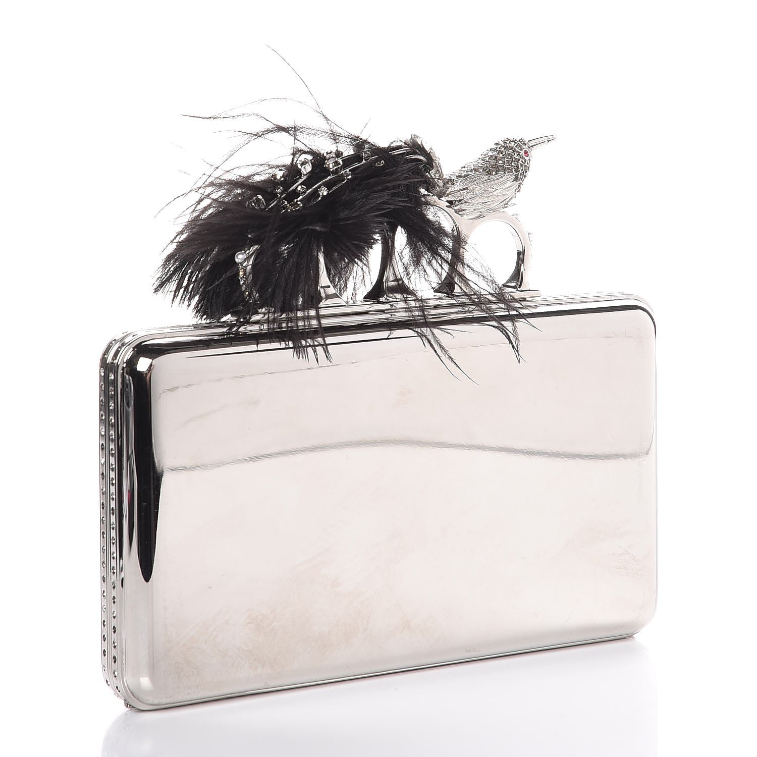 Alexander McQueen Metallic Feather Embellished Bird Knuckle Clutch Silver 3 of 6
