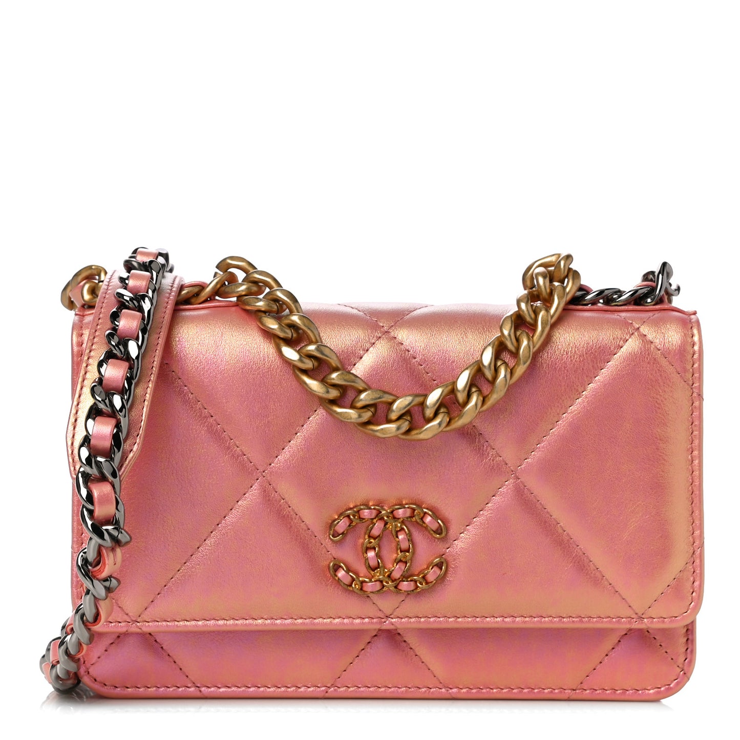 Iridescent Calfskin Quilted Chanel 19 Wallet On Chain WOC Pink