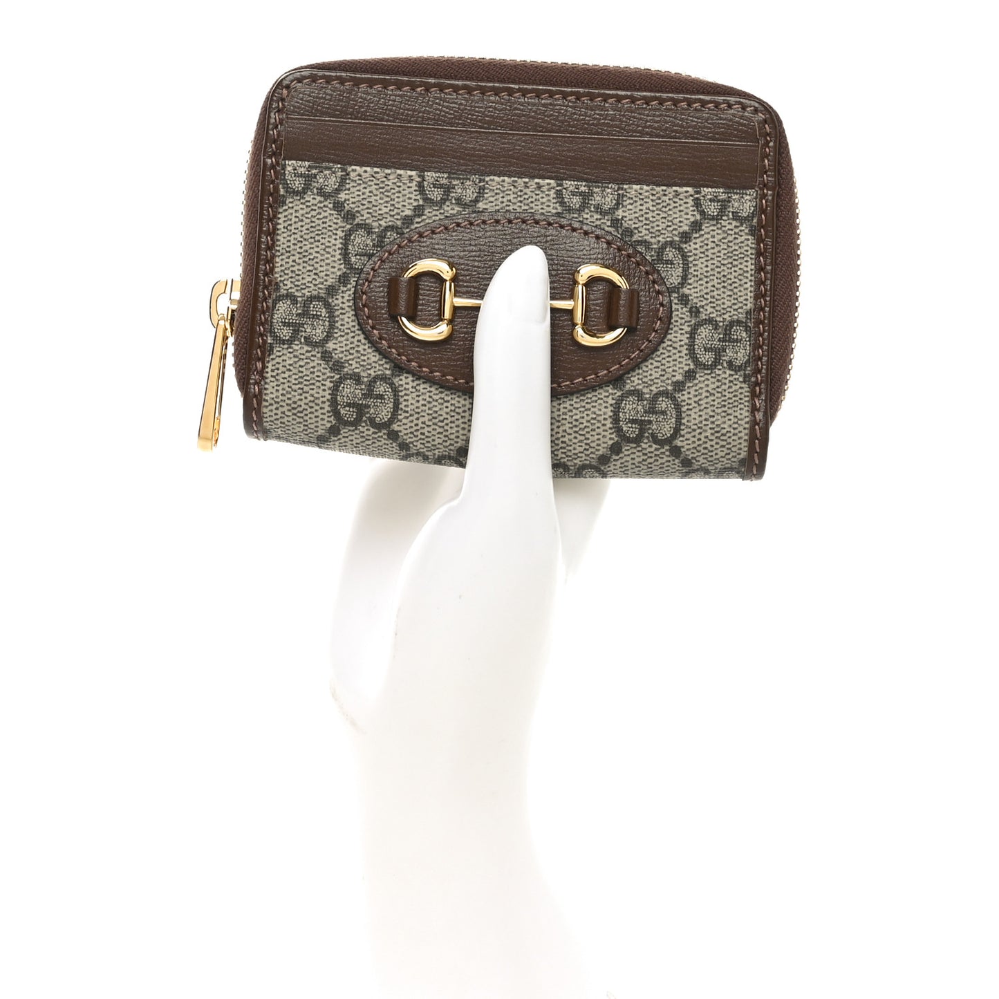 GG Supreme Monogram Azalea Calfskin Horsebit 1955 Zip Around ID Card Case Wallet Beige Ebony Brown Sugar