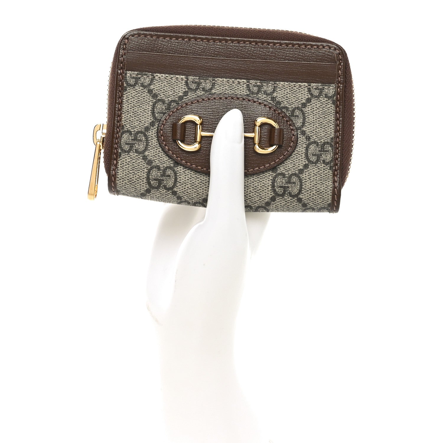 Gucci GG Supreme Monogram Azalea Calfskin Horsebit 1955 Zip Around ID Card Case Wallet Beige Ebony Brown Sugar 2 of 7