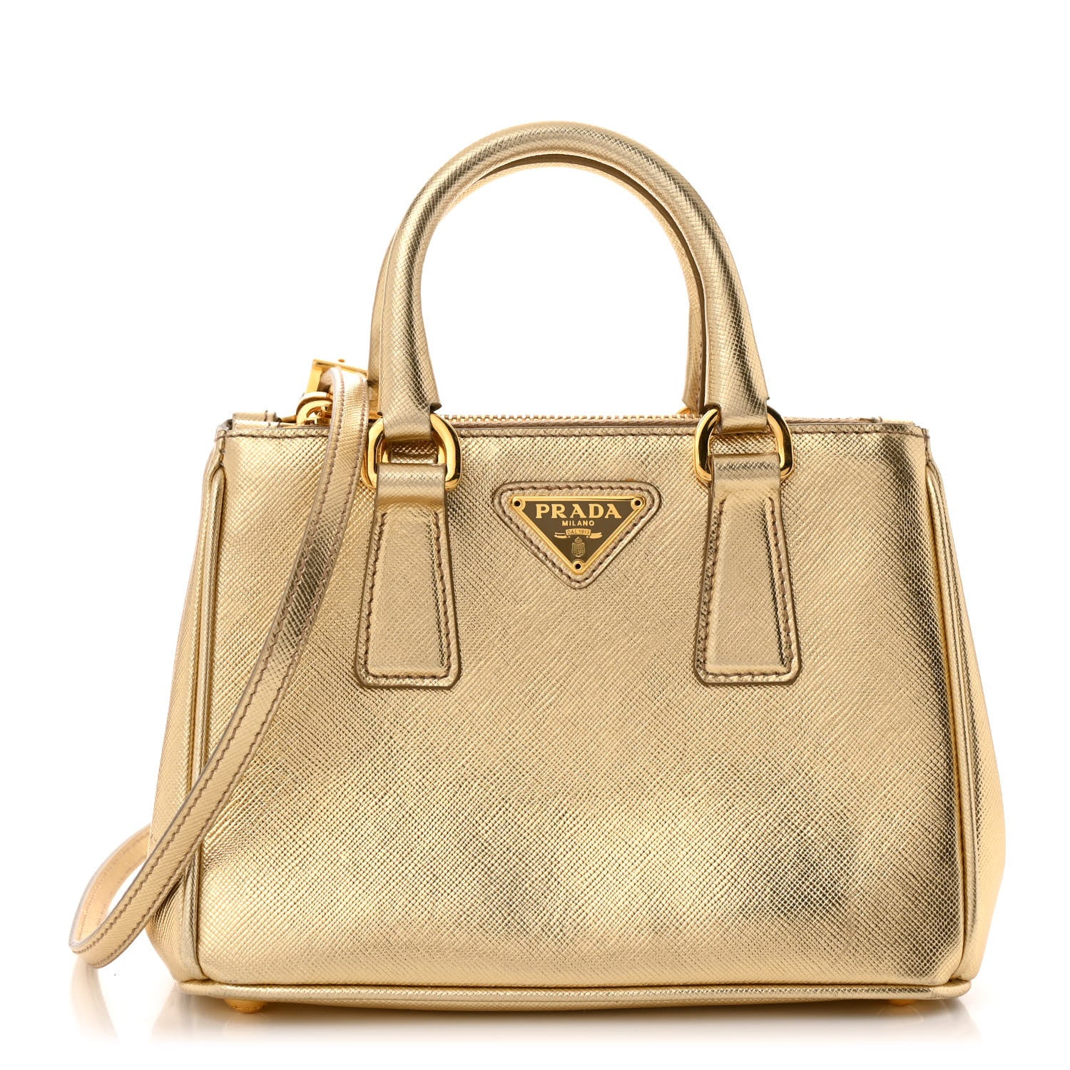 Prada Metallic Saffiano Lux Micro Galleria Double Zip Tote Gold 1 of 10