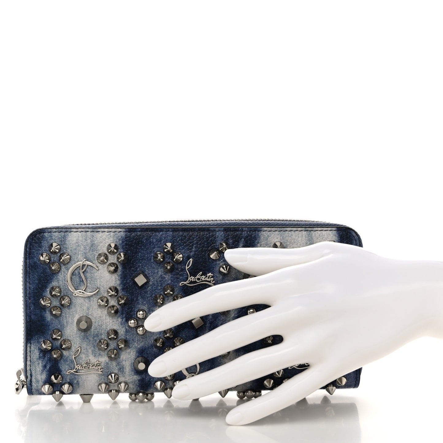 Metallic Calfskin Tie Dye Spiked Zip Around Wallet Silver