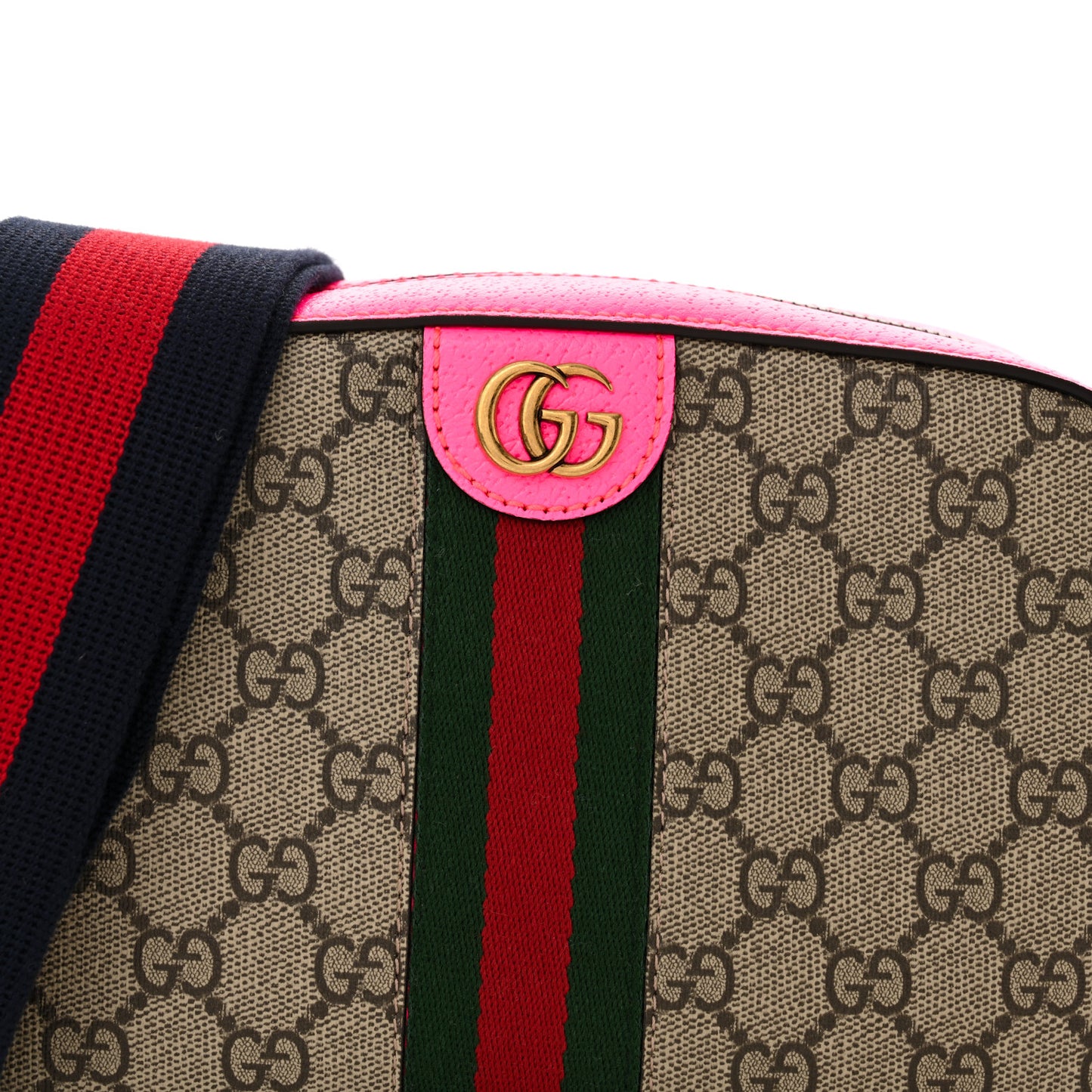 GG Supreme Monogram Textured Dollar Calfskin Web Ophidia Small Crossbody Bag Beige Ebony Fuchsia