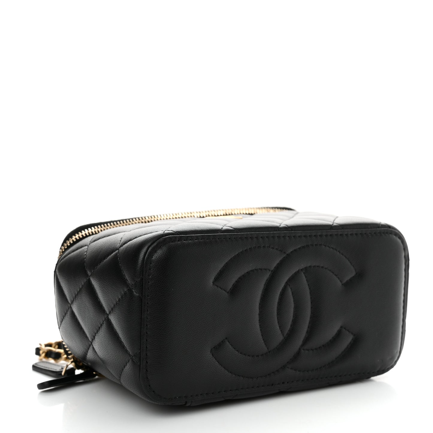 Lambskin Quilted Metal Small Top Handle Vanity Case With Chain Black