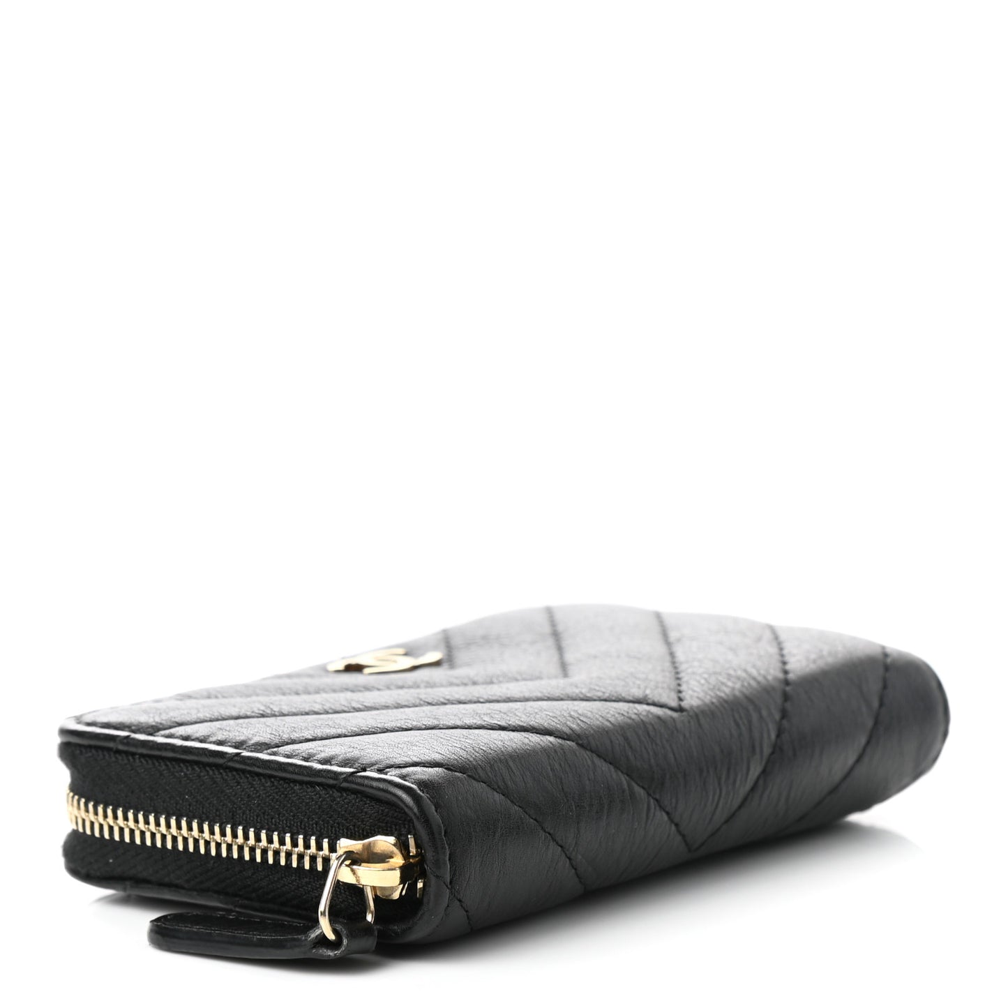 Calfskin Chevron Quilted Zip Around Coin Purse Black