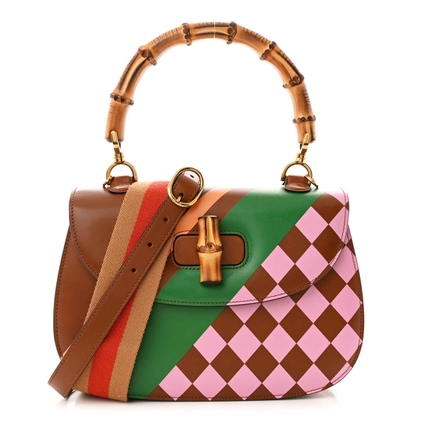 Calfskin Geometric Print Medium Bamboo 1947 Top Handle Bag Brown