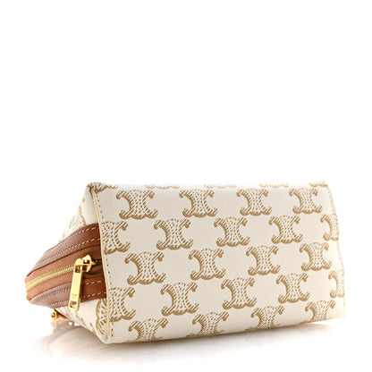 Celine Lambskin Triomphe Canvas Clutch With Chain White Tan 4 of 12