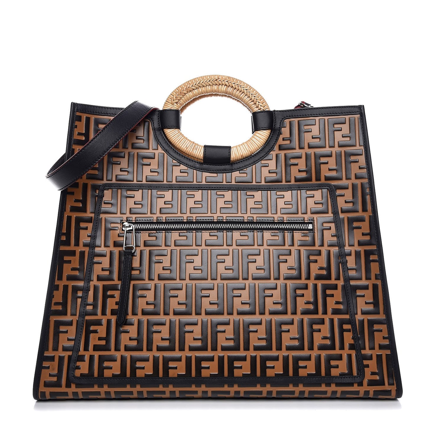 Vitello Century Wicker FF Embossed Large Runaway Shopper Tote Tobacco Black