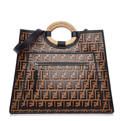 Fendi Vitello Century Wicker FF Embossed Large Runaway Shopper Tote Tobacco Black 1 of 7