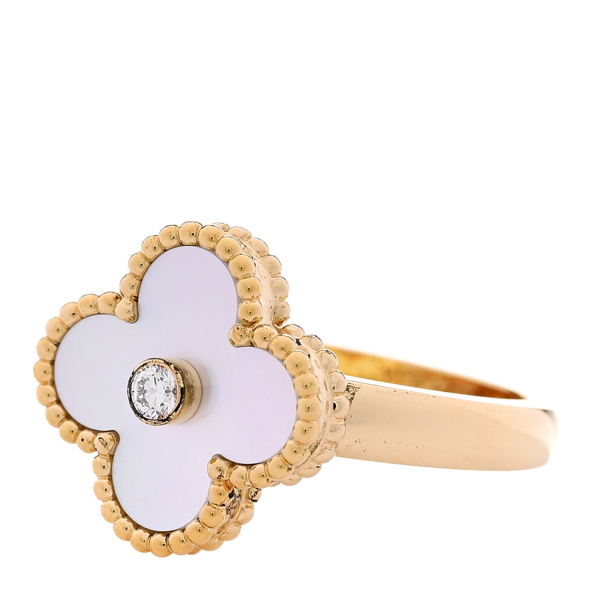 Van Cleef & Arpels 18K Yellow Gold Diamond Mother of Pearl Vintage Alhambra Ring 56 7.5 3 of 6