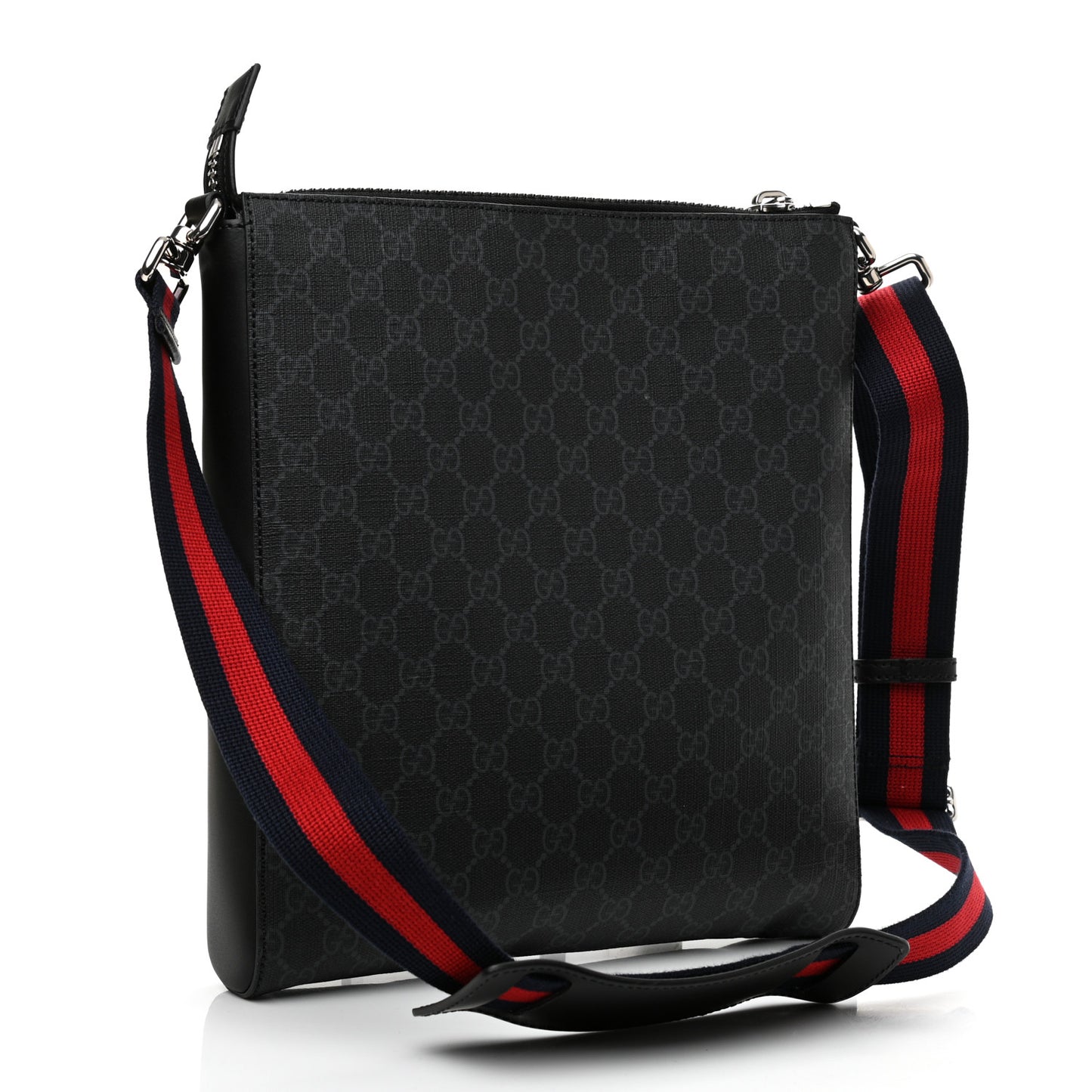 GG Supreme Monogram Appia Calfskin Web Flat Messenger Bag Black Grey