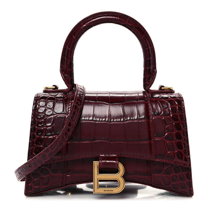 Balenciaga Shiny Calfskin Crocodile Embossed Hourglass Top Handle Bag XS Dark Red 1 of 10