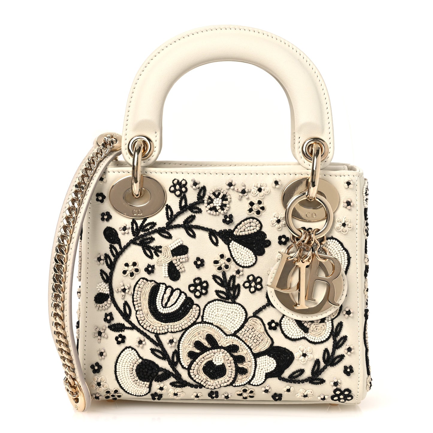 Smooth Calfskin Embroidered Beaded Floral Mini Lady Dior White Multicolor