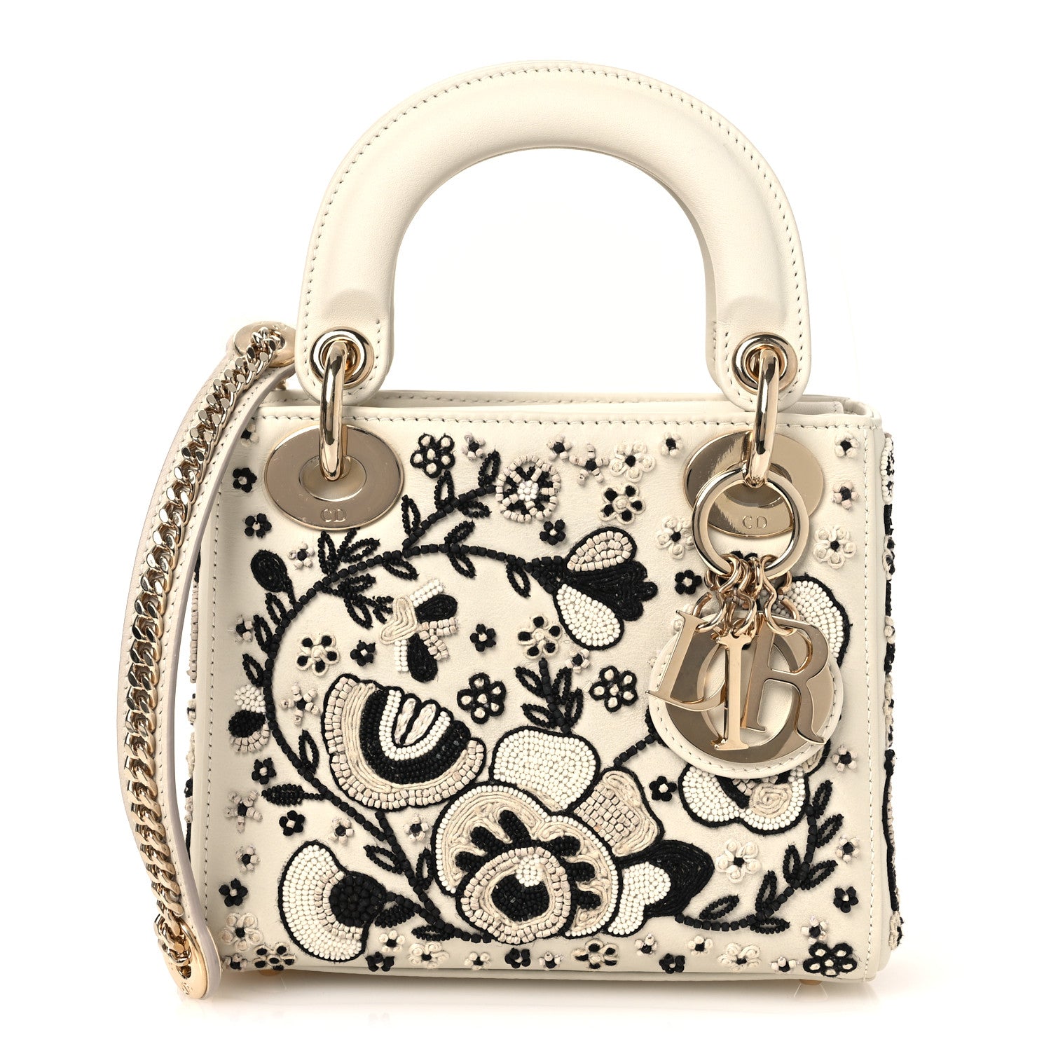Christian Dior Smooth Calfskin Embroidered Beaded Floral Mini Lady Dior White Multicolor 1 of 11