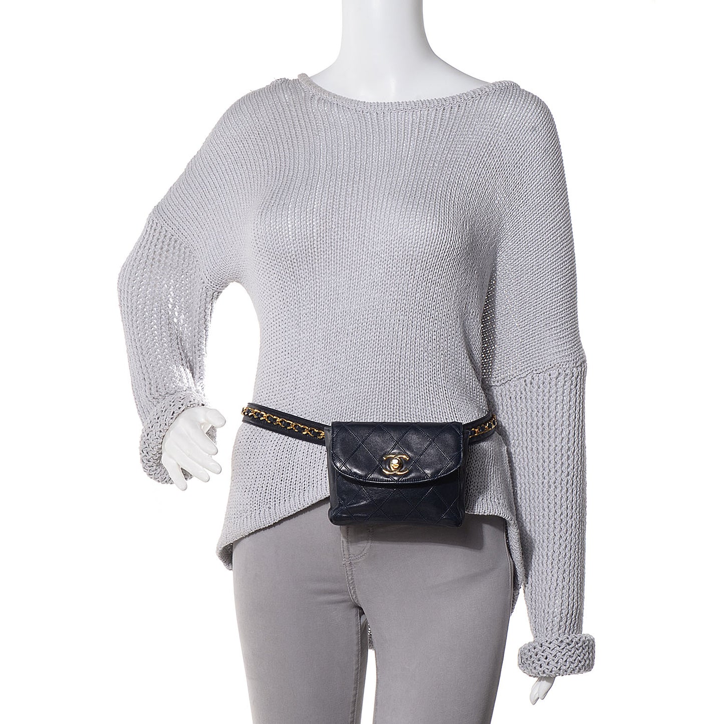 Lambskin Diamond Stitched Flap Waist Chain Belt Bag Navy
