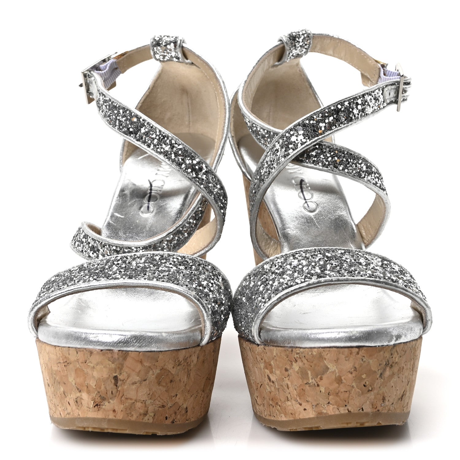 Jimmy Choo Coarse Glitter Cork Portia 120 Wedge Sandals 36.5 Silver 3 of 8