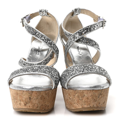 Jimmy Choo Coarse Glitter Cork Portia 120 Wedge Sandals 36.5 Silver 3 of 8