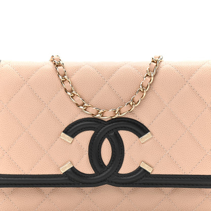 Chanel Caviar Quilted CC Filigree Wallet On Chain WOC Beige Black 9 of 12