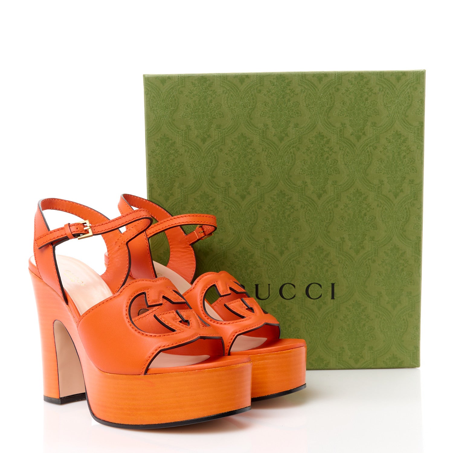 Gucci Cosmos Softy Calfskin Wooden Interlocking G Cut-Out 30/120mm Platform Sandals 38.5 Deep Orange 9 of 9