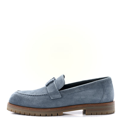 Hermes Suede Goatskin Womens Faubourg Loafers 37 Bleu Pinede 1 of 9