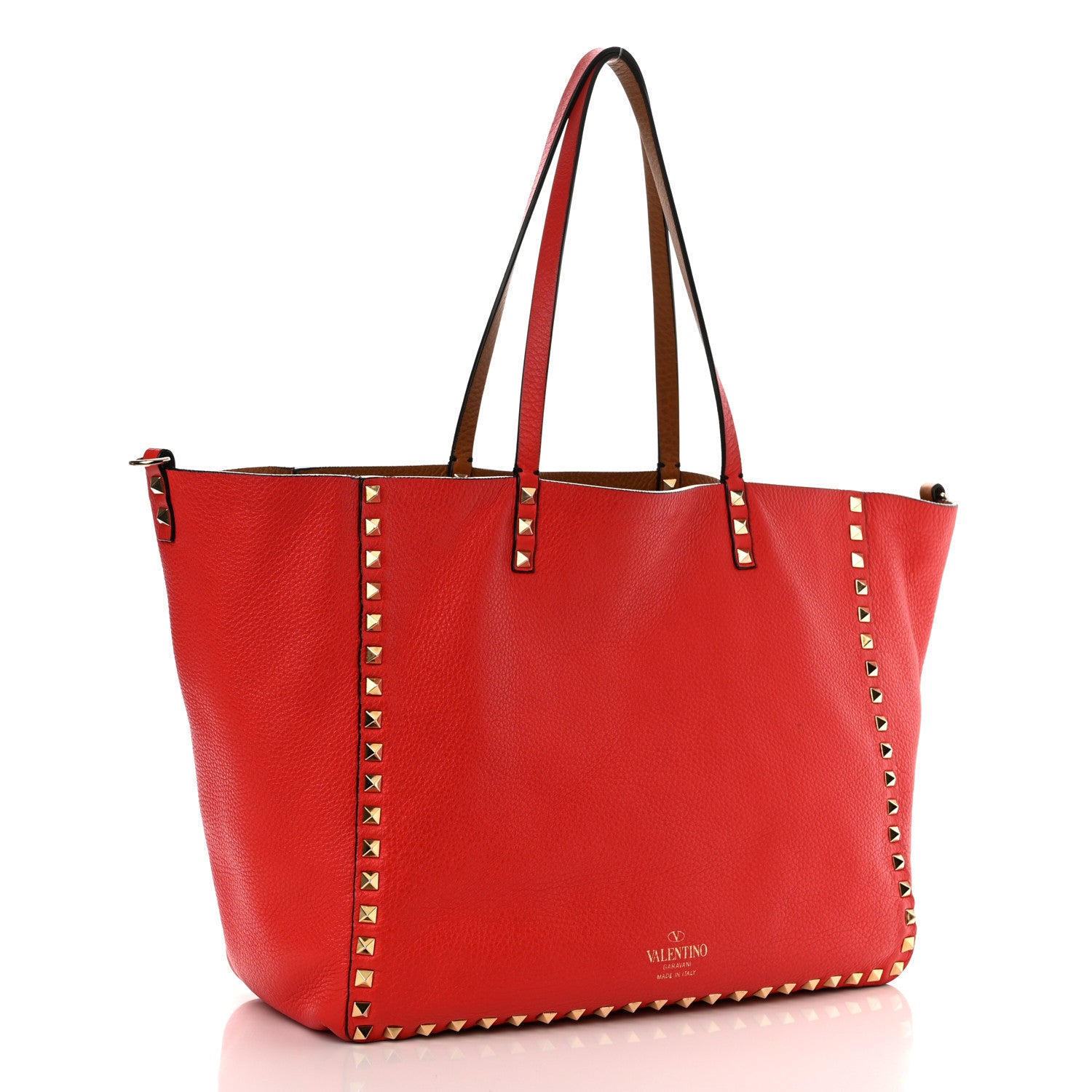 Valentino Garavani Grained Calfskin Medium Rockstud Reversible Tote Tan Red 4 of 19