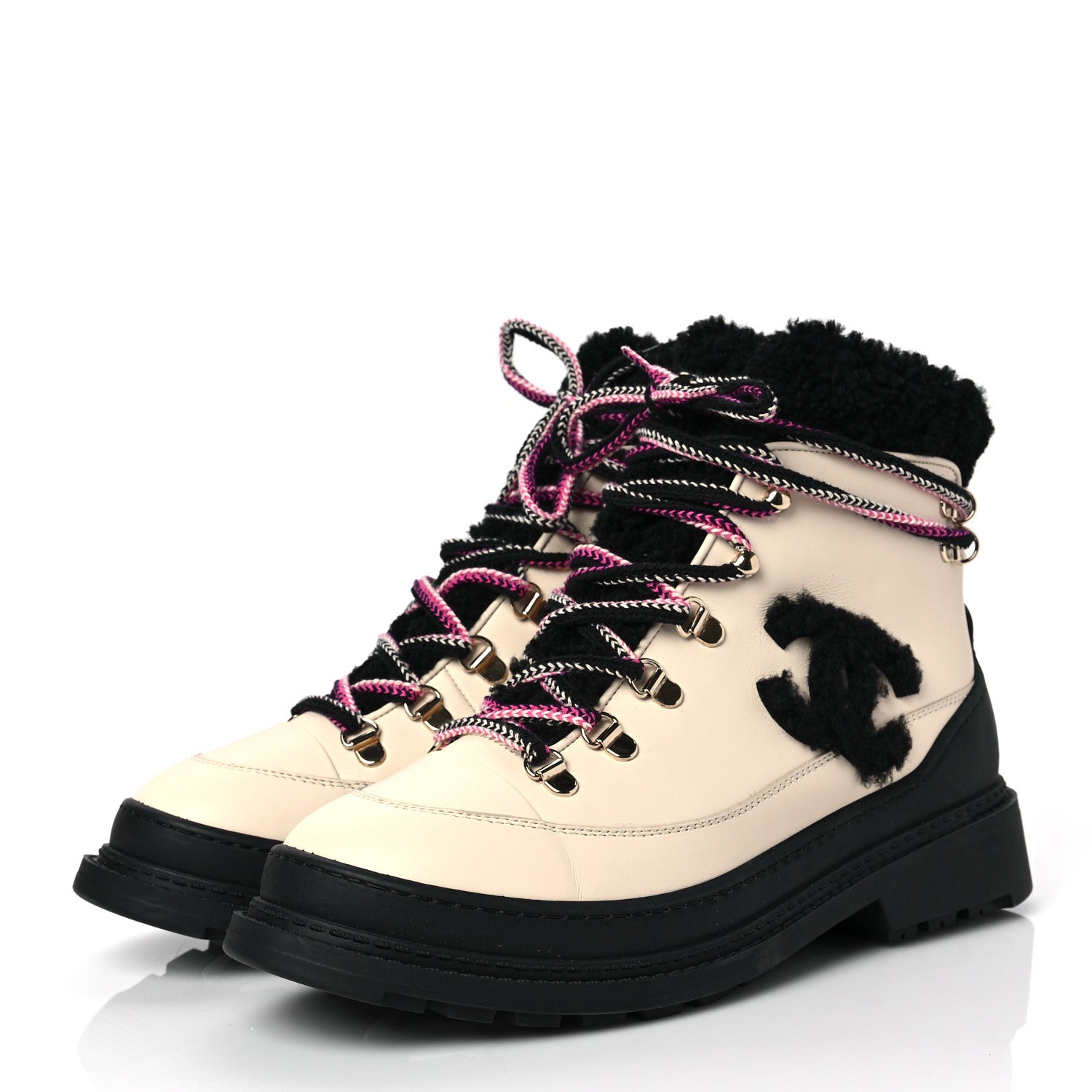 Chanel Calfskin Shearling CC Lace Up Boots 38.5 Black White 3 of 7