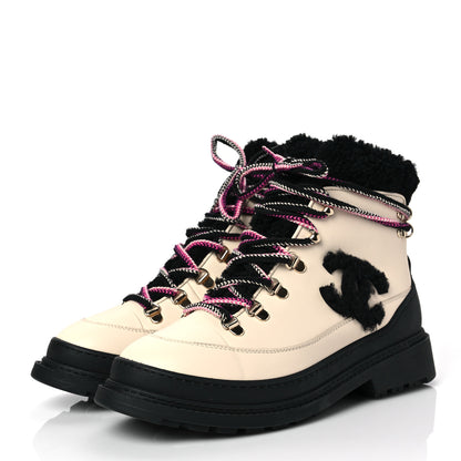 Chanel Calfskin Shearling CC Lace Up Boots 38.5 Black White 3 of 7