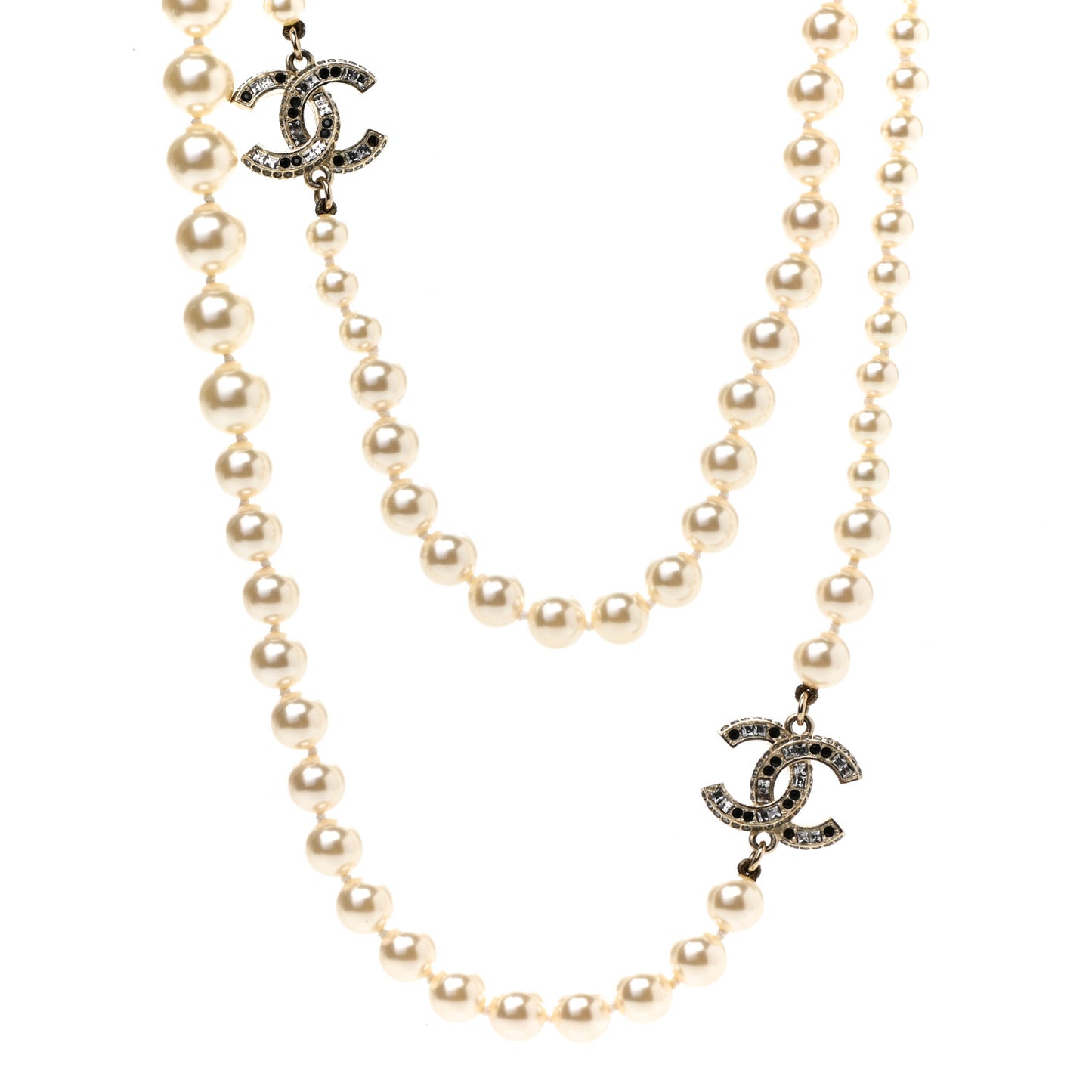 Graduated Pearl Crystal CC Long Necklace Gold Black