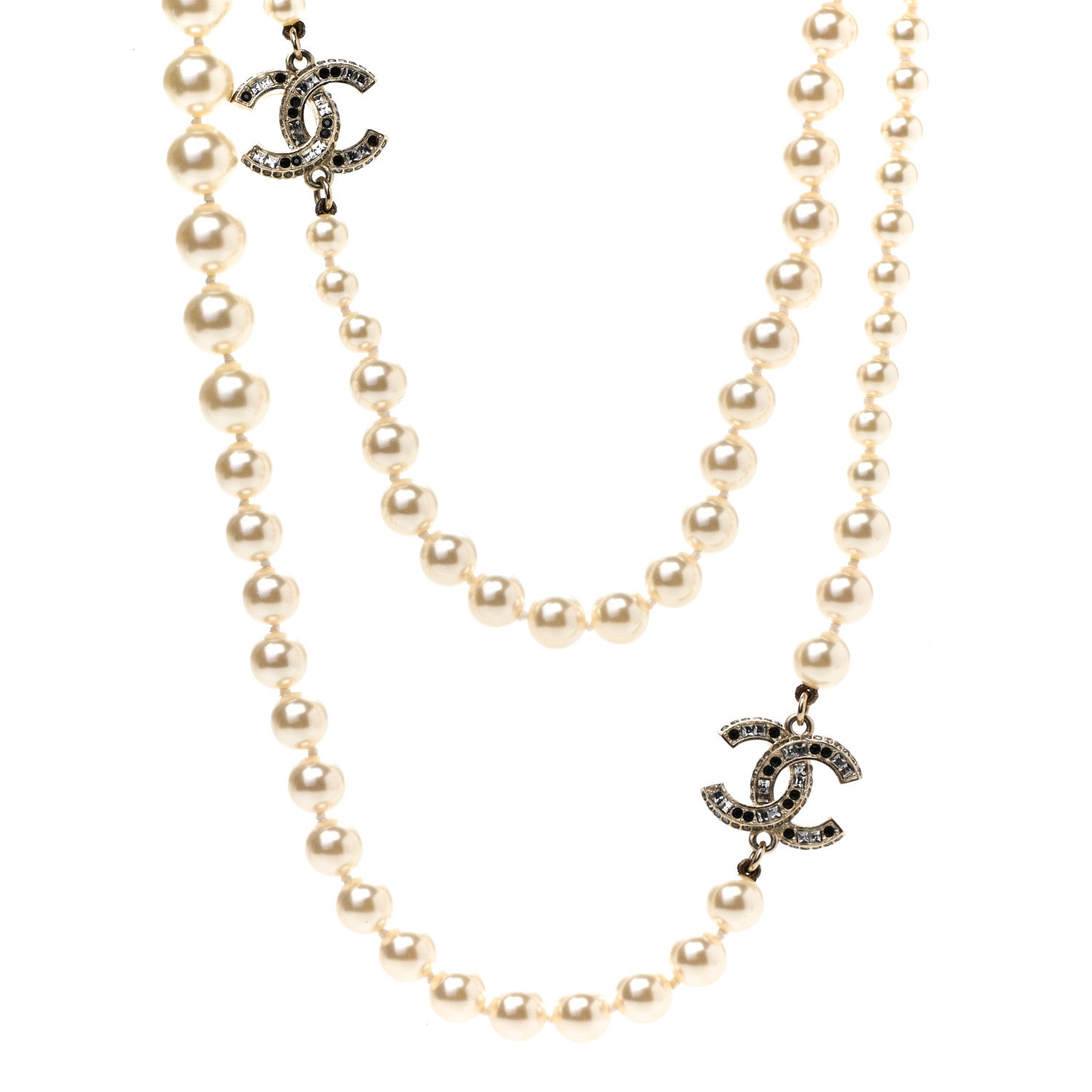 Chanel Graduated Pearl Crystal CC Long Necklace Gold Black 4 of 6