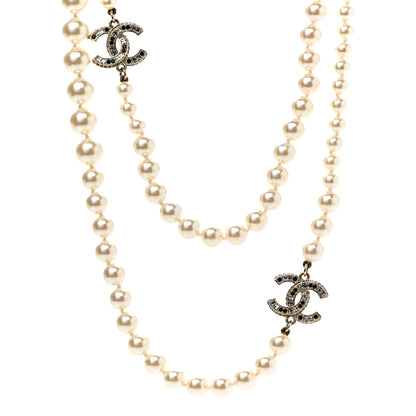Chanel Graduated Pearl Crystal CC Long Necklace Gold Black 4 of 6