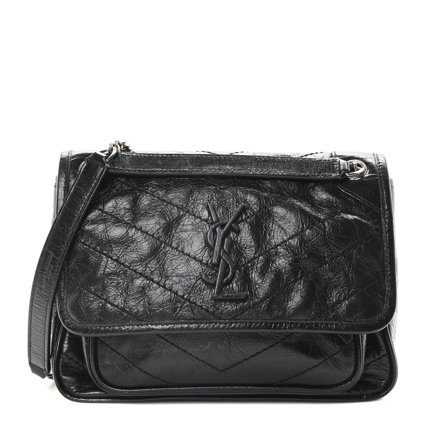 Crinkled Calfskin Matelasse Monogram Baby Niki Chain Satchel Black