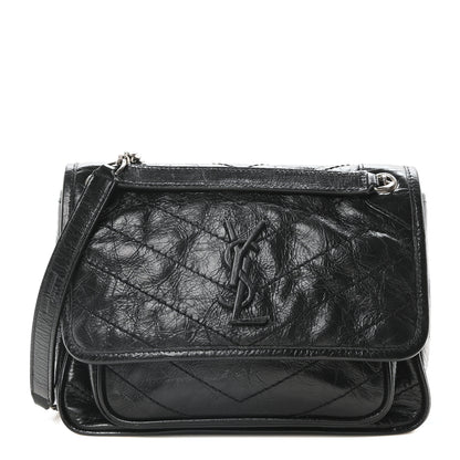 Saint Laurent Crinkled Calfskin Matelasse Monogram Baby Niki Chain Satchel Black 1 of 10