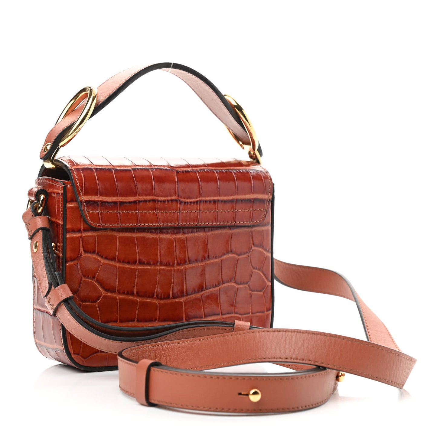Calfskin Crocodile Embossed Mini C Double Carry Chestnut Brown