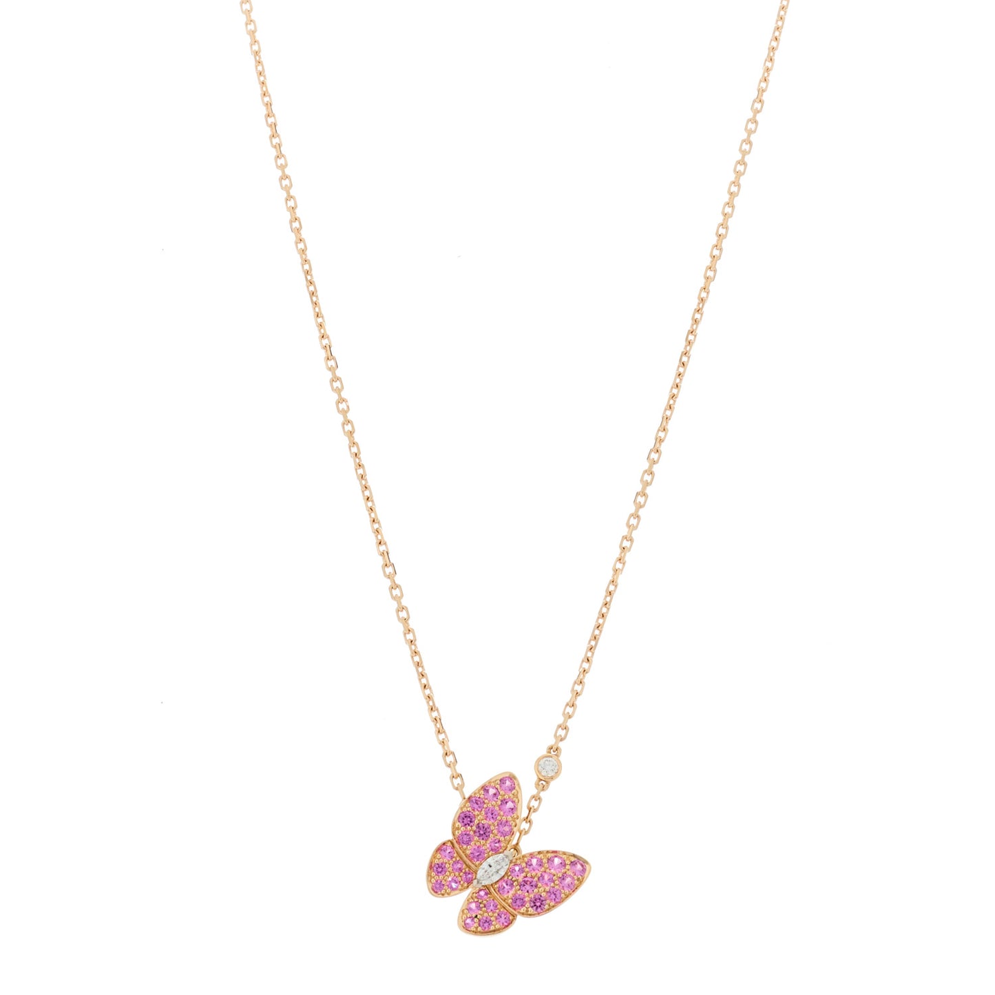 18K Rose Gold Diamond Pink Sapphire Two Butterfly Pendant Necklace