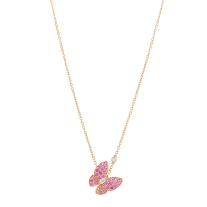 Van Cleef & Arpels 18K Rose Gold Diamond Pink Sapphire Two Butterfly Pendant Necklace 1 of 7