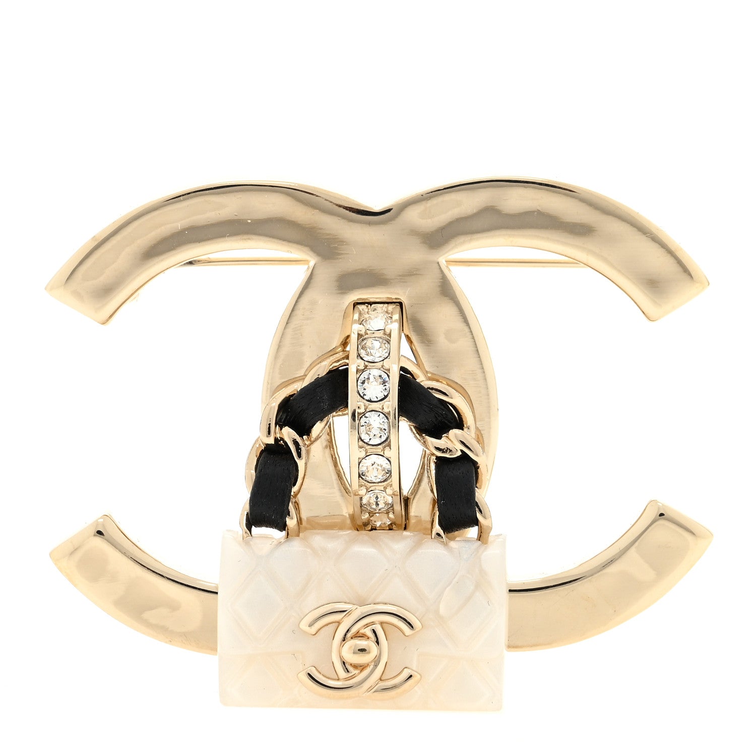 Chanel Crystal Resin CC Flap Bag Brooch Gold White 1 of 3